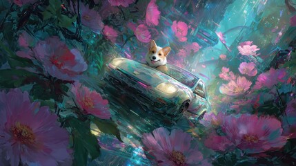Dog in car amidst flowers artistic digital painting in dreamlike scene