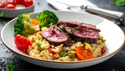 Delicious Steak and Rice Bowl with Broccoli and Tomatoes.