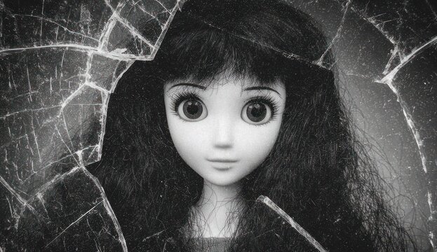 A monochrome image showcases a doll with long dark hair, framed by broken glass