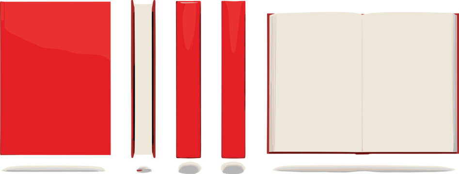Blank red hardcover book mockup set showing front cover spine and open pages for publishing and library education concept