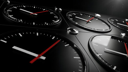 global time management concept represented by multiple black clocks on a digital display for illustrating business efficiency planning and synchronized deadlines.