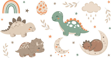 Cute pastel baby dinosaurs with rainbow, moon, clouds and stars in soft nursery illustration style for kids decor and clipart © Mostafijur