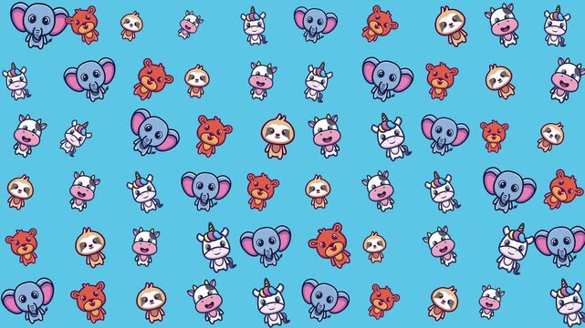 Pattern of various cartoon animals on a blue background. Perfect for childrens products, stationery, decor, and textiles with cute animal themes.