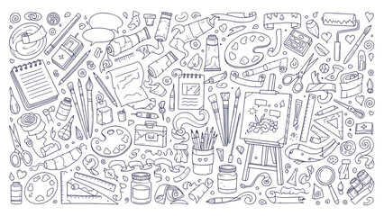 Creative Art Supplies Tools Doodle Pattern Seamless Vector Line Sketch Background