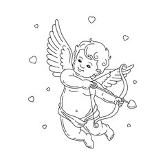 Outline vector illustration of cupid with bow and arrow, minimalist valentine style