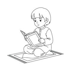 Child reading Quran in Ramadan, simple outline illustration