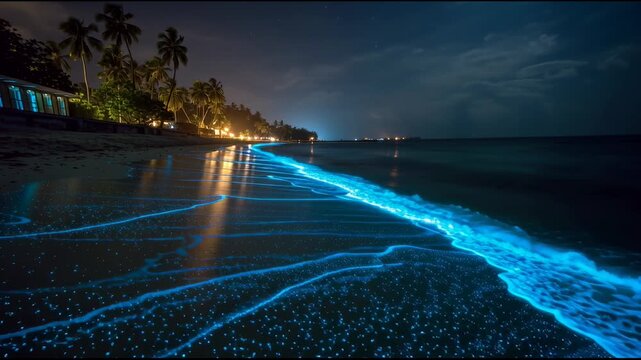 Glowing bioluminescent shoreline on vaadhoo island maldives with turquoise blue surf rolling gently onto the beach in a calm tropical night atmosphere