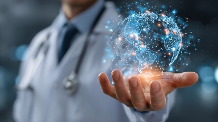 Doctor holding a glowing digital globe in hand with network connections healthcare