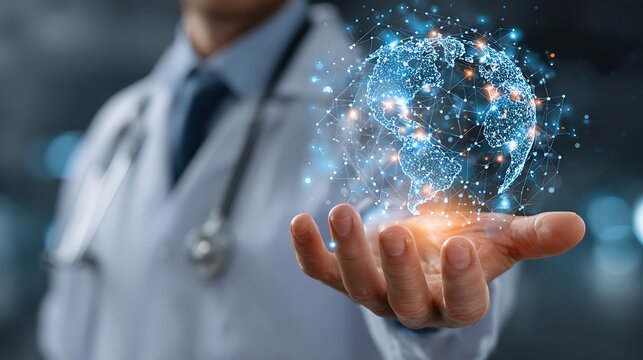 Doctor holding a glowing digital globe in hand with network connections healthcare - Powered by Adobe