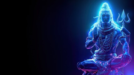 Digitally rendered image of a deity with a trident on a dark background