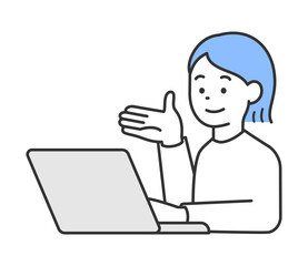 パソコンの前で案内する女性のイラスト　ベクター