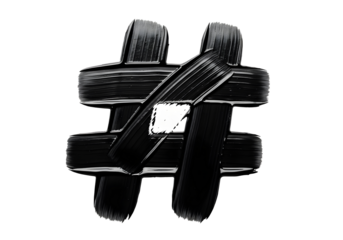 Black hashtag symbol isolated on transparent background with artistic brush strokes