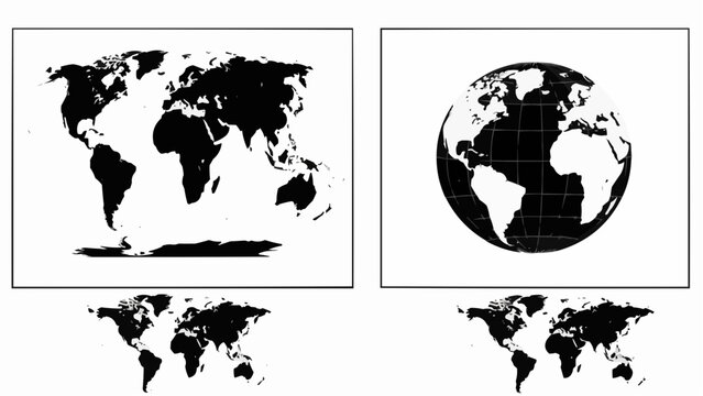 A collection of black and white world maps in various projections and sizes side by side on a white background