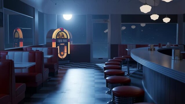 Exploring a vintage diner with a jukebox and long counter at night in a quiet setting
