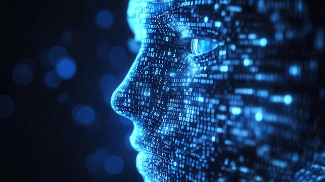 Profile face illuminated by binary code closeup side view showing matrix of glowing digits across skin, cool blue tones, reflective highlights, contemplative mood, concept of data privacy