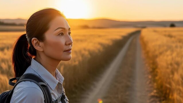 Woman walks on a dirt road during sunset in a wide open field in the countryside with golden light illuminating her face and surroundings