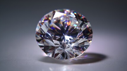 A close-up of a round brilliant diamond reflecting light on a grey surface from a high angle