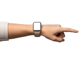 A persons arm wearing a smartwatch on transparent background pointing finger