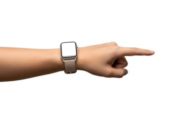 A persons arm wearing a smartwatch on transparent background pointing finger