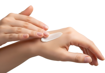 Hands applying white cream on wrist skin for moisturizing isolated on transparent background