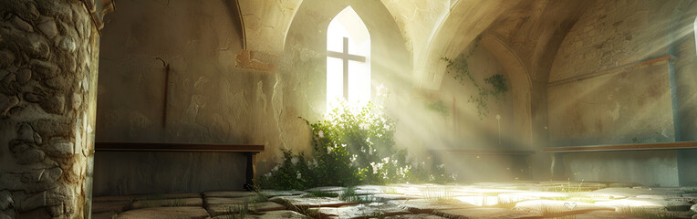 Serene ancient chapel interior with sunlight streaming through stained glass window