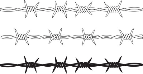  Isolated barbed wire fence vector set with protection border template, silhouette outline clipart elements.eps