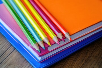 Fototapeta premium Bright pencils arranged on notebooks, Vivid colored writing instruments on stacked notebooks, Colorful pencils arranged neatly on various stacked notebooks with lively academic ambiance