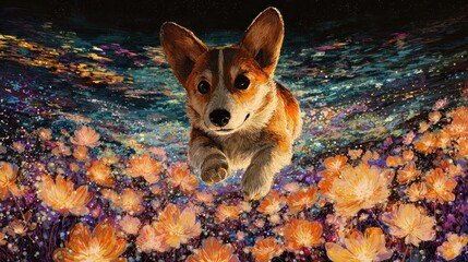 Dog in a field of flowers playful puppy in artistic floral composition