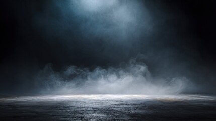 Fototapeta premium Dark background empty stage with fog and smoke covering whole scene, dark blue gray colors cinematic lighting high resolution high quality high detail for dramatic atmosphere