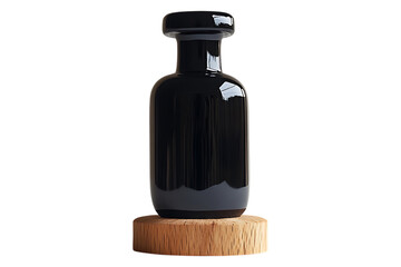 Elegant Black Bottle with Wooden Stand Isolated on Transparent Background