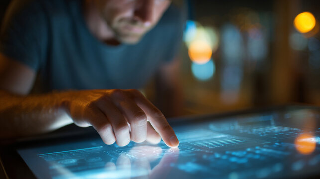 Man Hand Touching Futuristic Digital Interface Screen