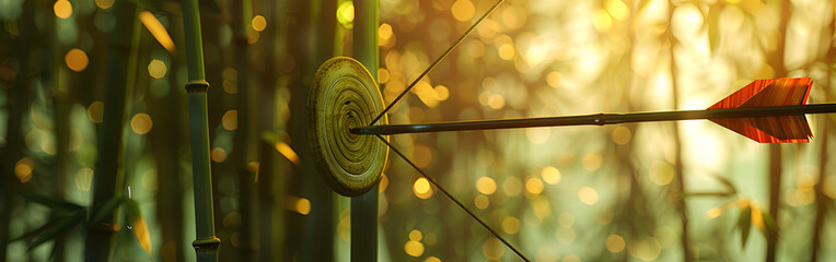 Archery target hit with arrow in serene forest setting at sunrise