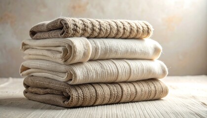 Stack of Folded Cozy Textiles in Earthy Tones.