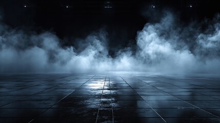 Fototapeta premium Dark background empty stage with fog and smoke covering whole scene, dark blue gray colors cinematic lighting high resolution high quality high detail for dramatic atmosphere