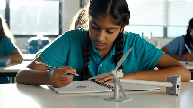 Student writes in notebook at desk with rocket model nearby. Girl studies science in classroom. Student writing notes near rocket. Girl at desk studies with notebook. Science student writes notes.