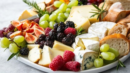 Cheese and fruit platter with fresh berries, bread, and herbs arranged on a white plate for sharing at a gathering