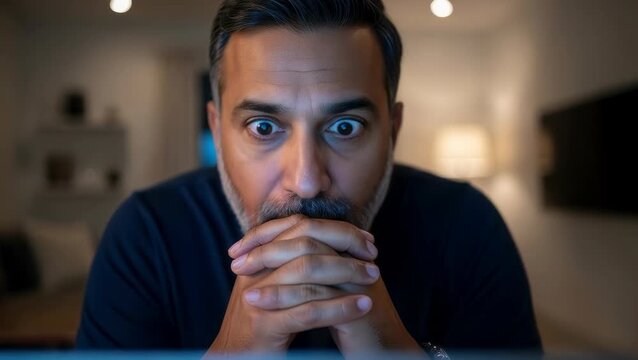 Viewer reacts to surprising moments during late night screen time at home in front of a computer