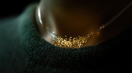 Delicate necklace chain tangled with a thin, fiber-optic cable on a person collarbone