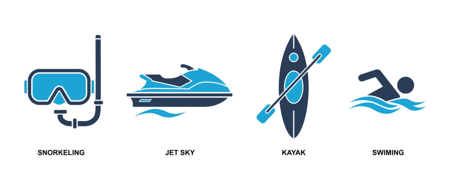 Water sport activities collection with snorkeling jet ski kayak and swimming vector