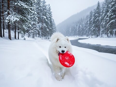 A fluffy, snow-white Samoyed dog joyfully runs through a winter wonderland, holding a bright red frisbee in its mouth, surrounded by snow-covered trees and a flowing river, capturing the ess