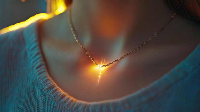 Delicate necklace chain tangled with a thin, fiber-optic cable on a person collarbone