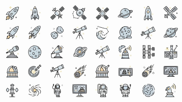 A collection of pixelated space exploration icons depicting rockets planets satellites and scientific instruments high quality professional detailed