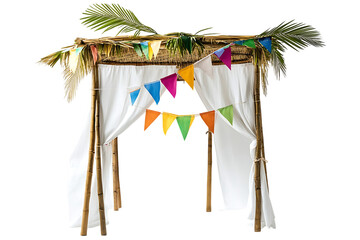 Decorated Sukkah with White Cloth Drapes, Palm Leaf Roof and Colorful Flags on Transparent Background