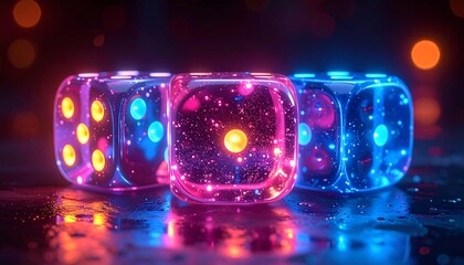 Glowing Dice with Neon Lights and Bokeh Effects.