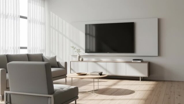 Living room setup with modern furniture and a large TV during daytime in bright natural light
