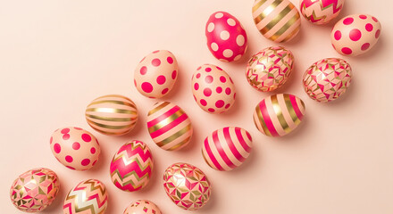 Scattered egg with pink, gold pattern on light pink backdrop, celebrating spring and renewal, perfect for festive Easter themed projects