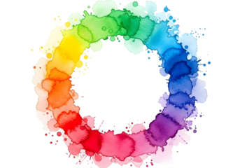 Vibrant rainbow colored watercolor circle on transparent background