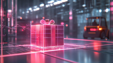 Futuristic neon scene, Reflective wet pavement highlights vibrant neon and holograms