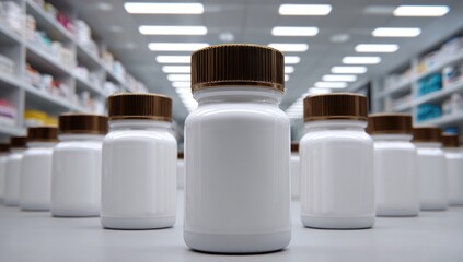 Bottles of medicine stand in a pharmacy, shelves in background, angled view, soft lighting