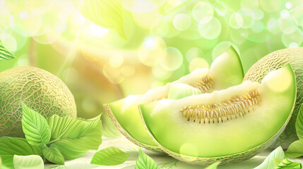Fresh cut cantaloupe with leaves on green background